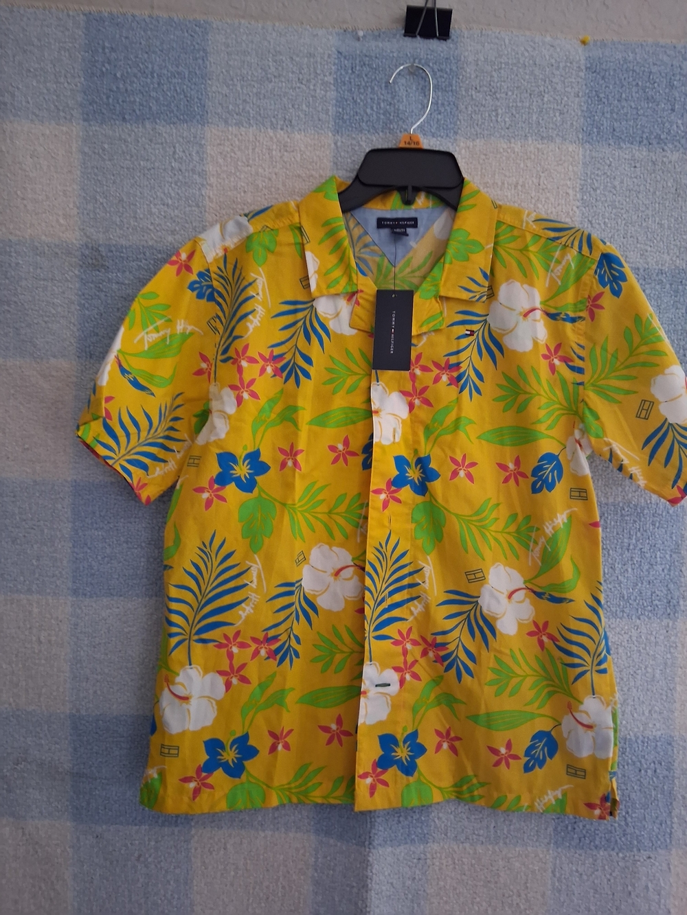 Tommy Hilfiger Boys Yellow Tropical Floral Short-Sleeve Button Down Shirt Sz Xl